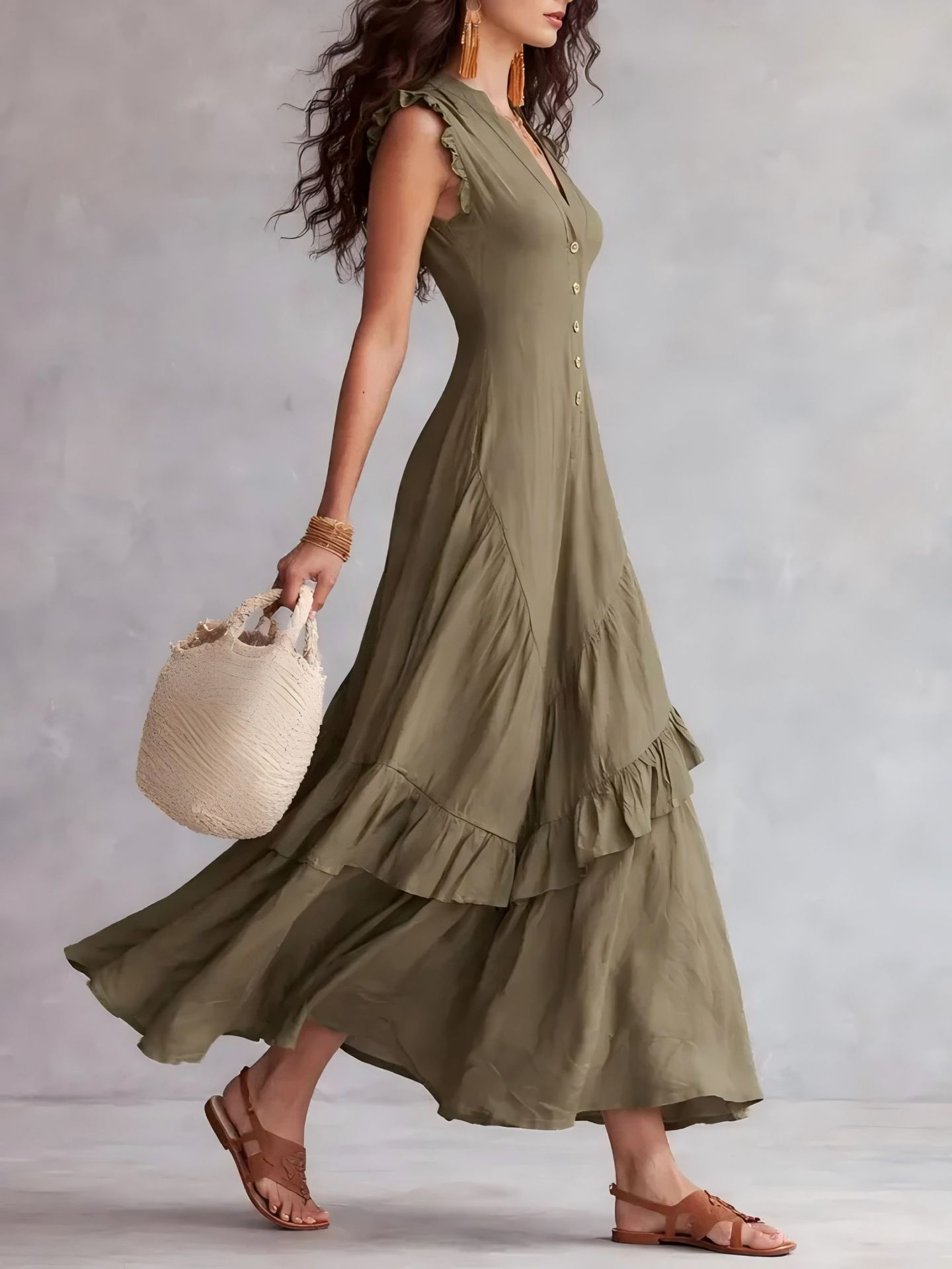 Boho Flowy Sleeveless Maxi Dress V-Neck Button-Front Ruffle Hem A-Line Skirt